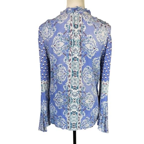 Free People Magic Mystery Sky Blue Print Long Flare Sleeve Boho Top - Picture 2 of 11